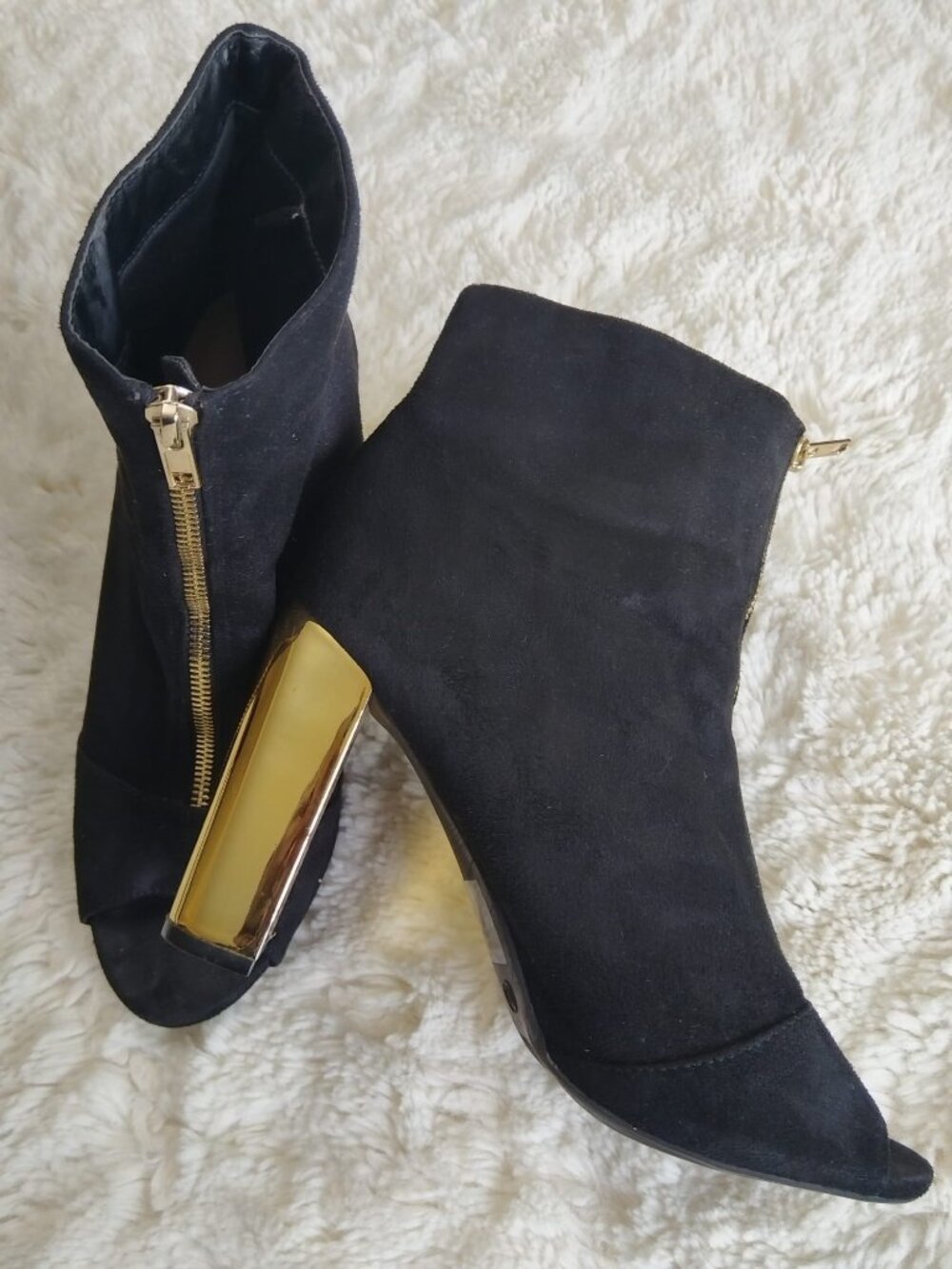 Women's Streetwear Society Black Suede Open Toe Ankle Boots Gold Heel Size 10